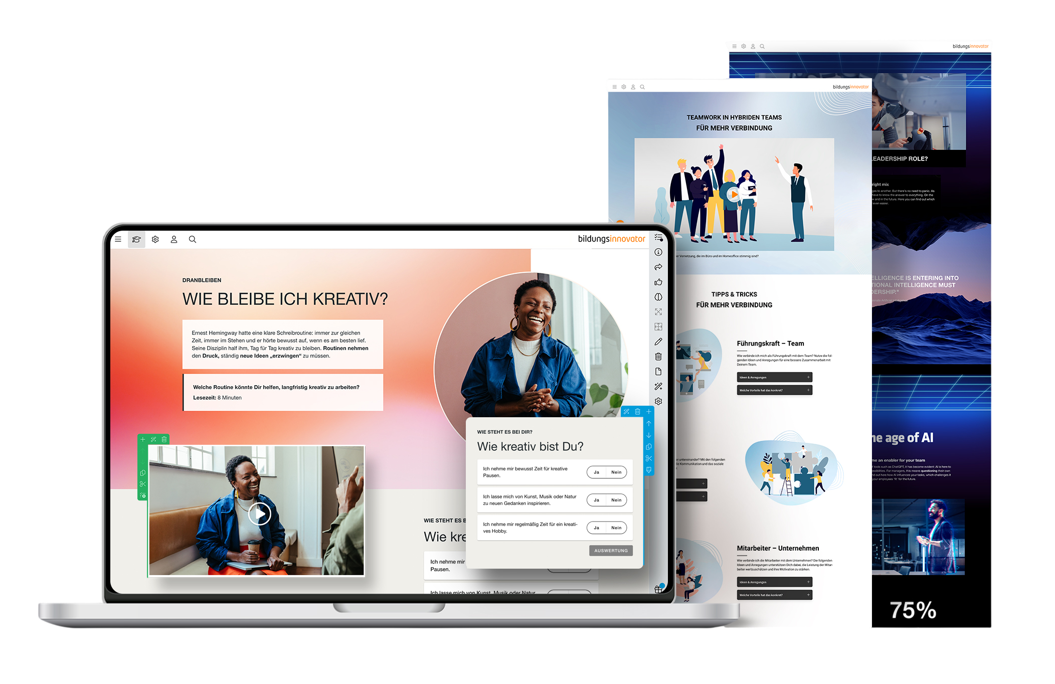 Mehrere Overlays von digitalen Lernplattformen und Präsentationen, darunter ein Laptop mit einer Frau im Gespräch, verschiedene Webbrowser-Fenster mit Grafiken und Texten, die auf Teamarbeit, Kreativität und Unternehmensführung hinweisen.
