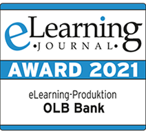 Bild eines Awards 2021 von eLearning Journal für eLearning-Produktion bei OLB Bank.