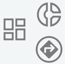 Vier Symbole: ein Quadrat mit vier kleineren Quadraten, ein Kreis mit einem Kuchenstück, ein Pfeil nach rechts in einem Kreis, ein quadratisches Symbol mit zwei Pfeilen, die nach oben und unten zeigen.