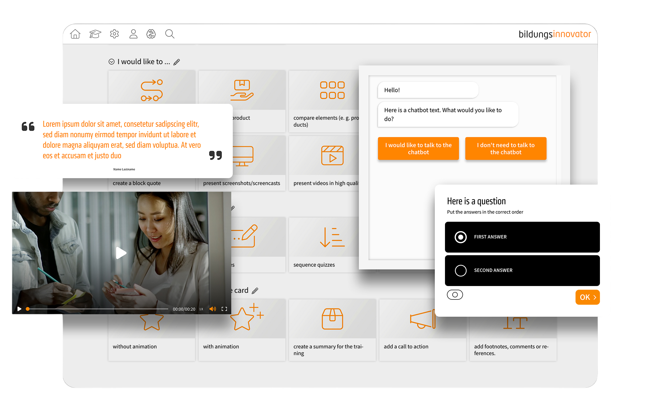 Benutzeroberfläche eines Chatbots mit Textfeldern, Buttons für die Auswahl der Gesprächsoptionen, einem Bewertungsbereich und einem Video im unteren linken Bereich.