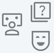 Vier emoticonartige Symbole: eine verwirrte Person, eine Fragekarte, ein lachendes Gesicht und ein lächelndes Gesicht.