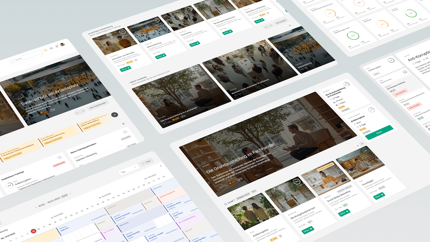 Bildschirmansicht eines digitalen Lernplattform-Dashboards mit Kursangeboten, Fortschrittsübersichten, Zeitplänen und Lernmaterialien, hauptsächlich in weiß, grau, orange und grün.