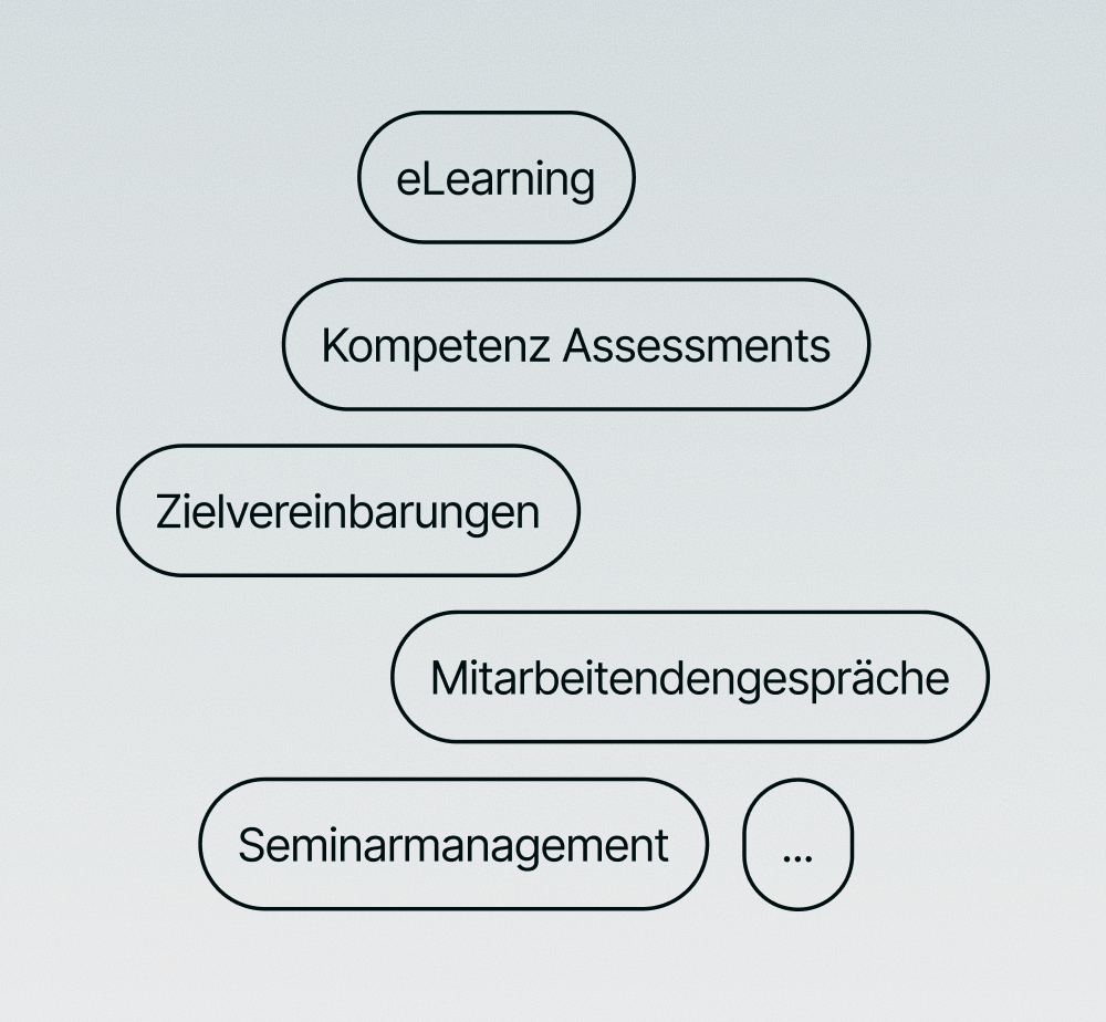 Diagramm mit Begriffen zu E-Learning, Kompetenzbewertungen, Zielvereinbarungen, Mitarbeitendengespräche und Seminarmanagement
