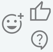 Ein lachendes Gesicht, ein Daumen hoch Symbol, ein Fragezeichen in einer Sprechblase