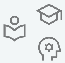 Vier Symbole: eine Person liest ein Buch, eine offen stehende Schachtel, ein Zahnrad im Kopf, ein menschliches Gehirn