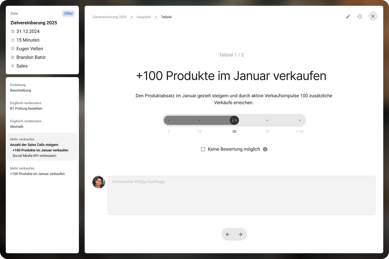 Screenshot eines digitalen Zielverfolgungs-Tools mit der Zielsetzung '+100 Produkte im Januar verkaufen'.