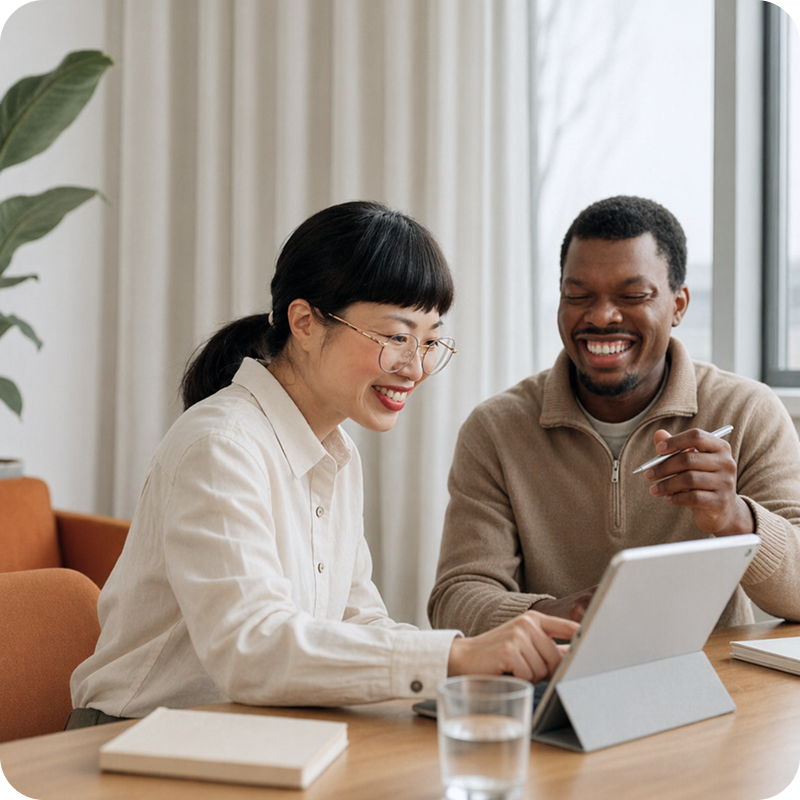 Zwei Menschen, eine Frau mit Brille und ein Mann, lachen gemeinsam während sie an einem Tablet arbeiten in einem modernen, hellen Raum.