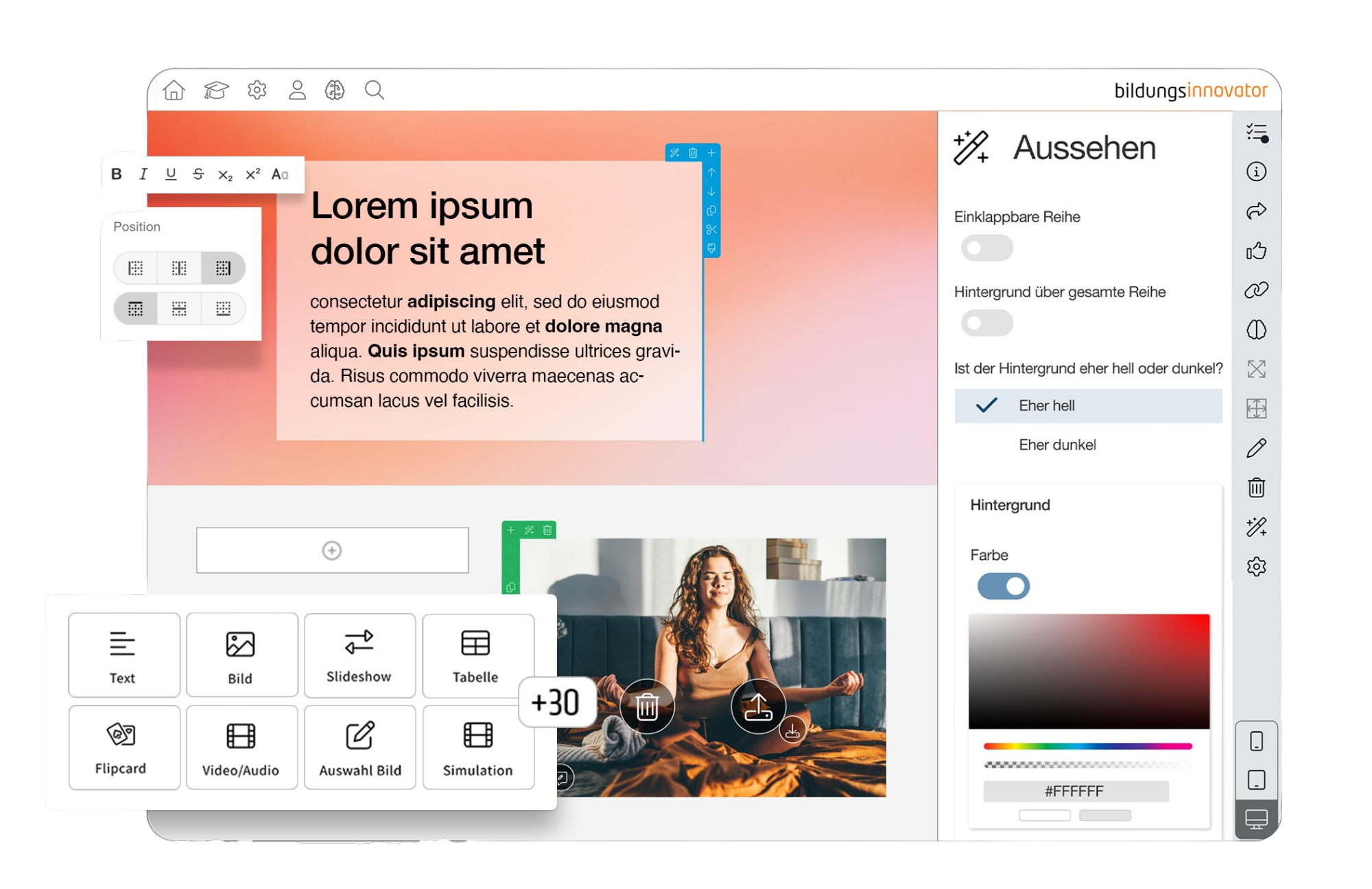 Screenshot eines Gestaltungsprogramms mit Text, Bildern und Bearbeitungsoptionen auf Deutsch, die für eine Präsentation oder Website erstellt wurden.