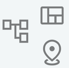 Vier Symbole: ein verbundenes Netzwerk, ein Layout-Grid, ein Standort-Pin und ein Icon einer Karte.