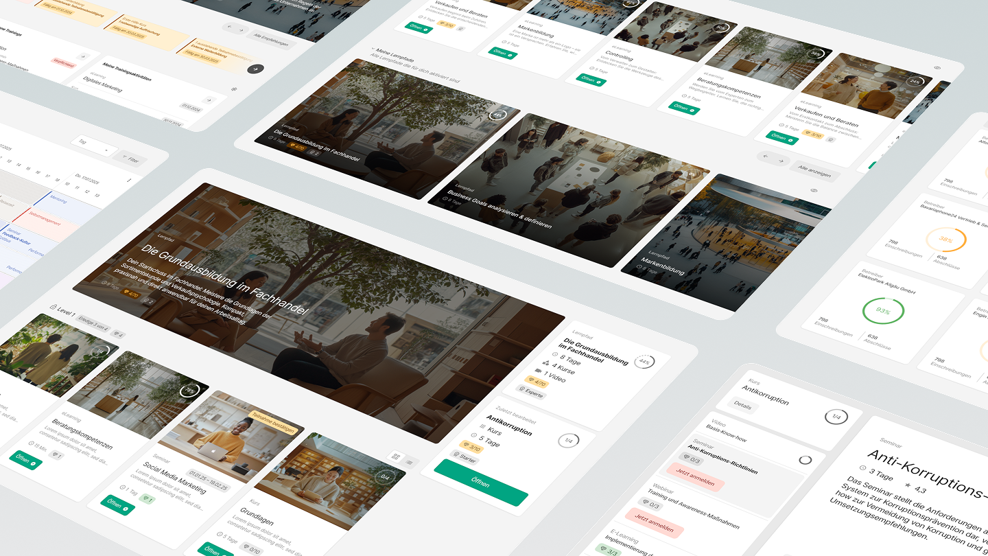 Mehrere Webseiten-Designs und Kursübersichten in Deutsch, mit Bildern von Menschen in Büros und an Präsentationen, sowie Diagrammen und Kursdetails.