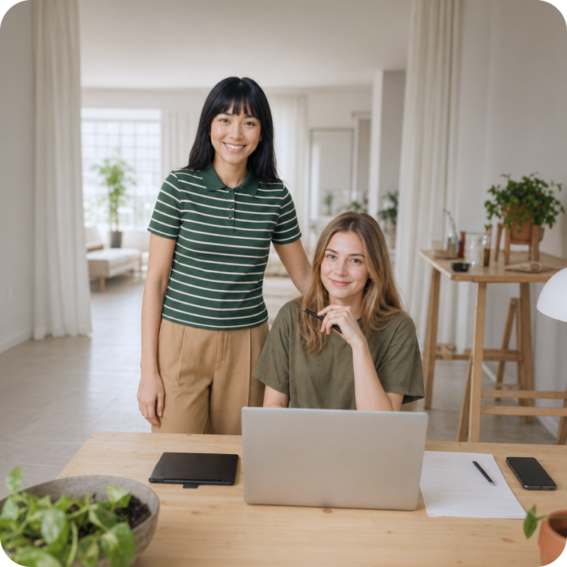 Zwei Frauen in einem hellen, modernen Wohnzimmer, eine sitzt am Tisch mit Laptop und die andere steht neben ihr, beide lächeln.