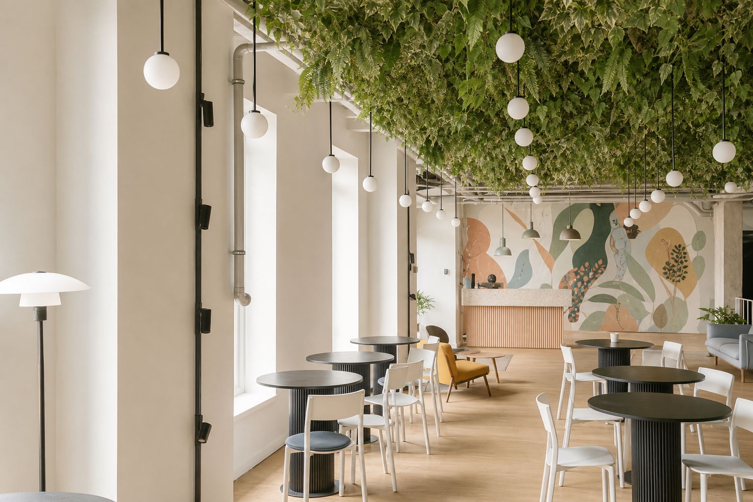 Innenraum eines modernen Cafés mit weißen Wänden, grünen Pflanzen an der Decke, Tisch- und Stuhlgruppen, und einer Theke im Hintergrund, dekoriert mit einem Wandbild aus abstrakten Formen und Pflanzenmustern.