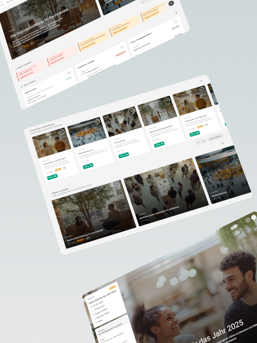 Screenshots von einer Lernplattform mit Kursen und Lerninhalten, sowie ein Bild von zwei lachenden Menschen in einem Café.