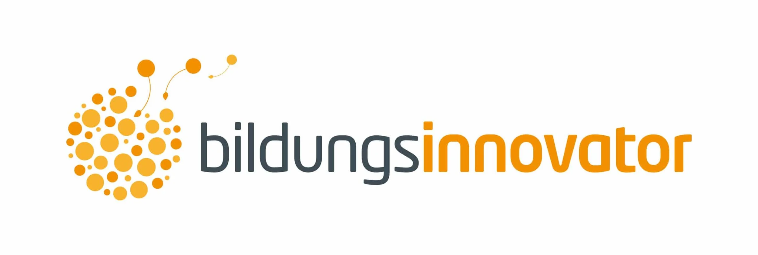 Logo mit dem Text 'bildungs innovator' in dunkelgrau und orange, begleitet von einer stilisierten Illustration eines Moleküls in orange