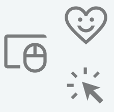 Kleine grafische Symbole: ein Haus mit Tür und Fenster, ein Herz mit Gesicht, und ein Mauszeiger mit Klick-Icon.