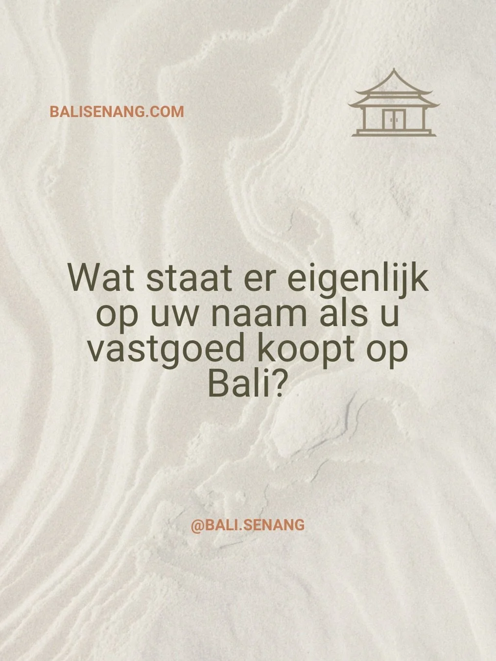 U koopt een villa op Bali. Maar wat koopt u juridisch eigenlijk?

Dat is een vraag die wat ons betreft v&oacute;&oacute;r de vraag naar rendement, locatie of uitstraling komt.

Bij leasehold koopt u de grond niet. U verkrijgt gebruiksrechten voor een