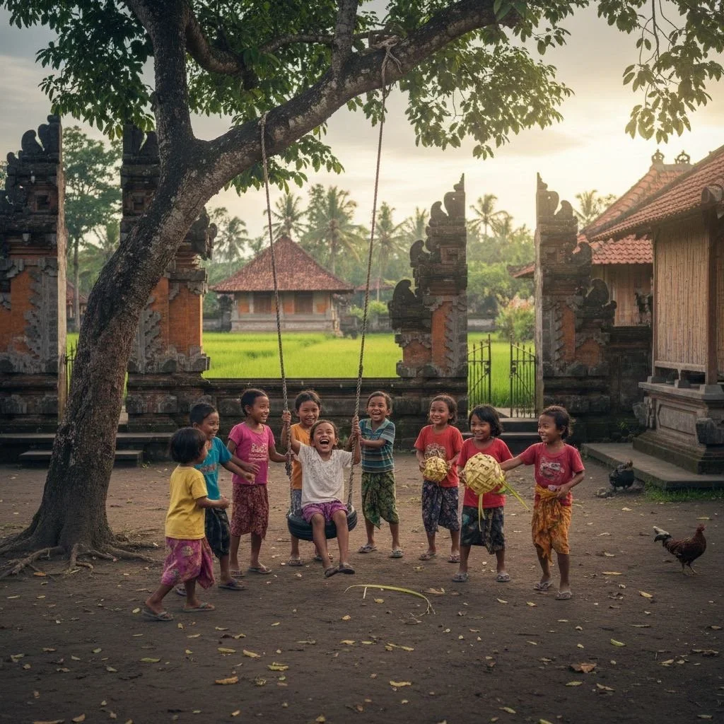 Children playing on a tire swing hanging from a tree in a traditional courtyard with ancient architecture and lush greenery.