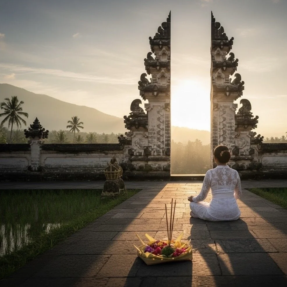 A woman in a white dress sitting on a stone platform in front of an ornate Bali gate at sunset, with a tray of colorful offerings in the foreground and a mountain and palm trees in the background.
