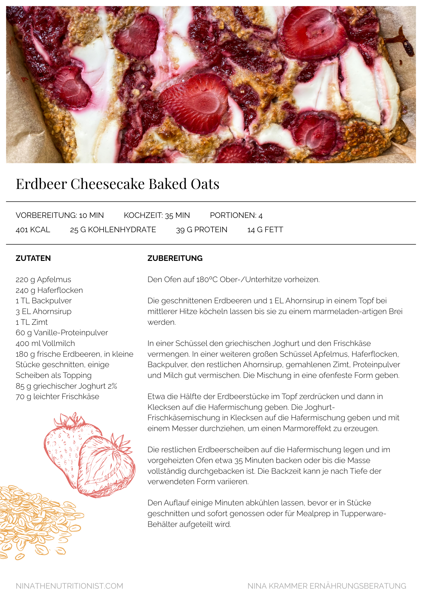 Foto eines Stücks Erdbeer Cheesecake mit Baked Oats, frischen Erdbeeren, Quark und Haferflocken als Belag. Rezept und Ernährungsplan, Ernährungsberatung.