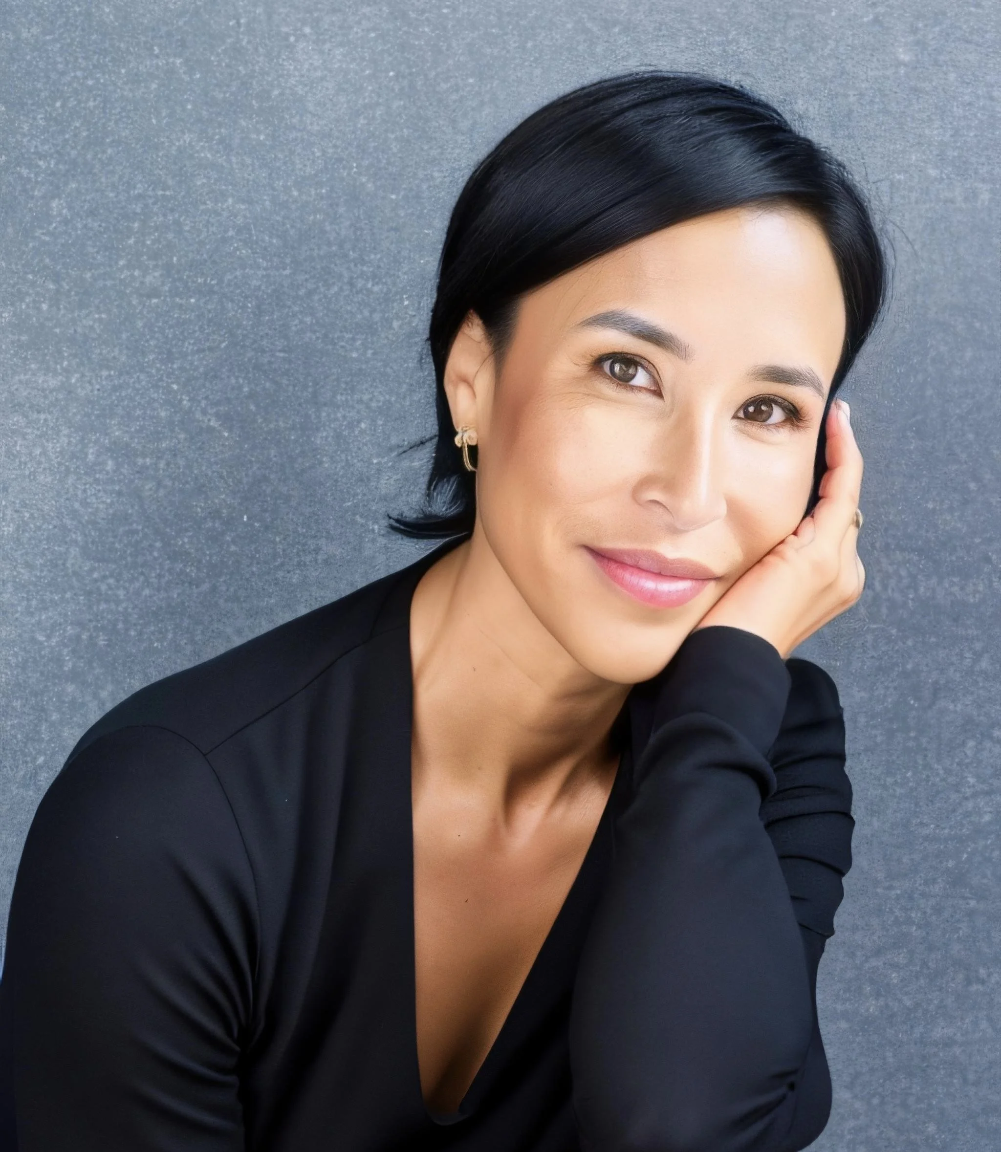 A woman with black hair, wearing earrings and a black top, smiling gently with her hand resting on her face against a textured gray background.