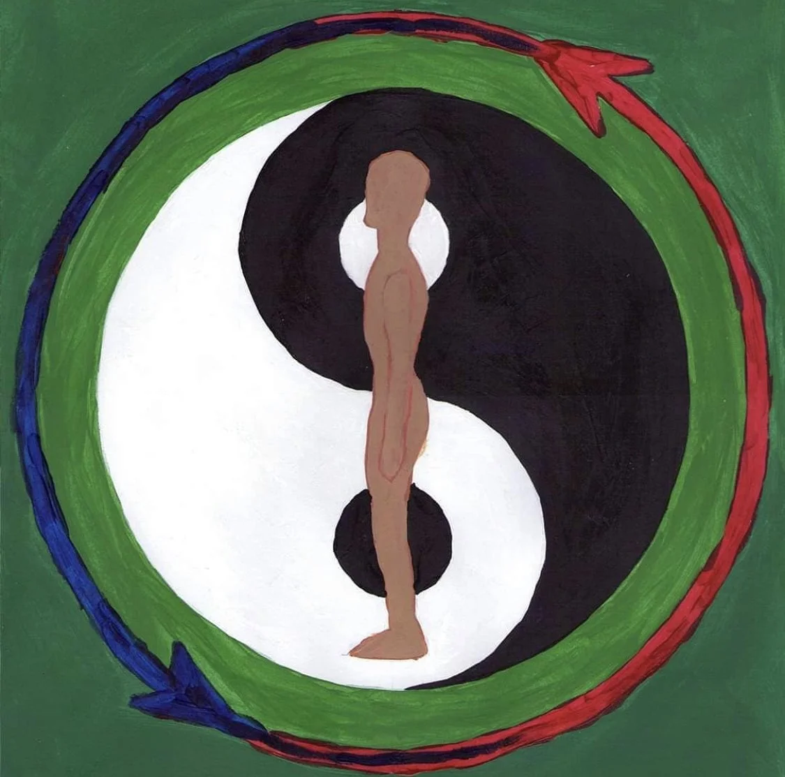 A painting of a human silhouette in the center of a yin-yang symbol with red and blue arrows forming a circular motion around it, set against a green background.