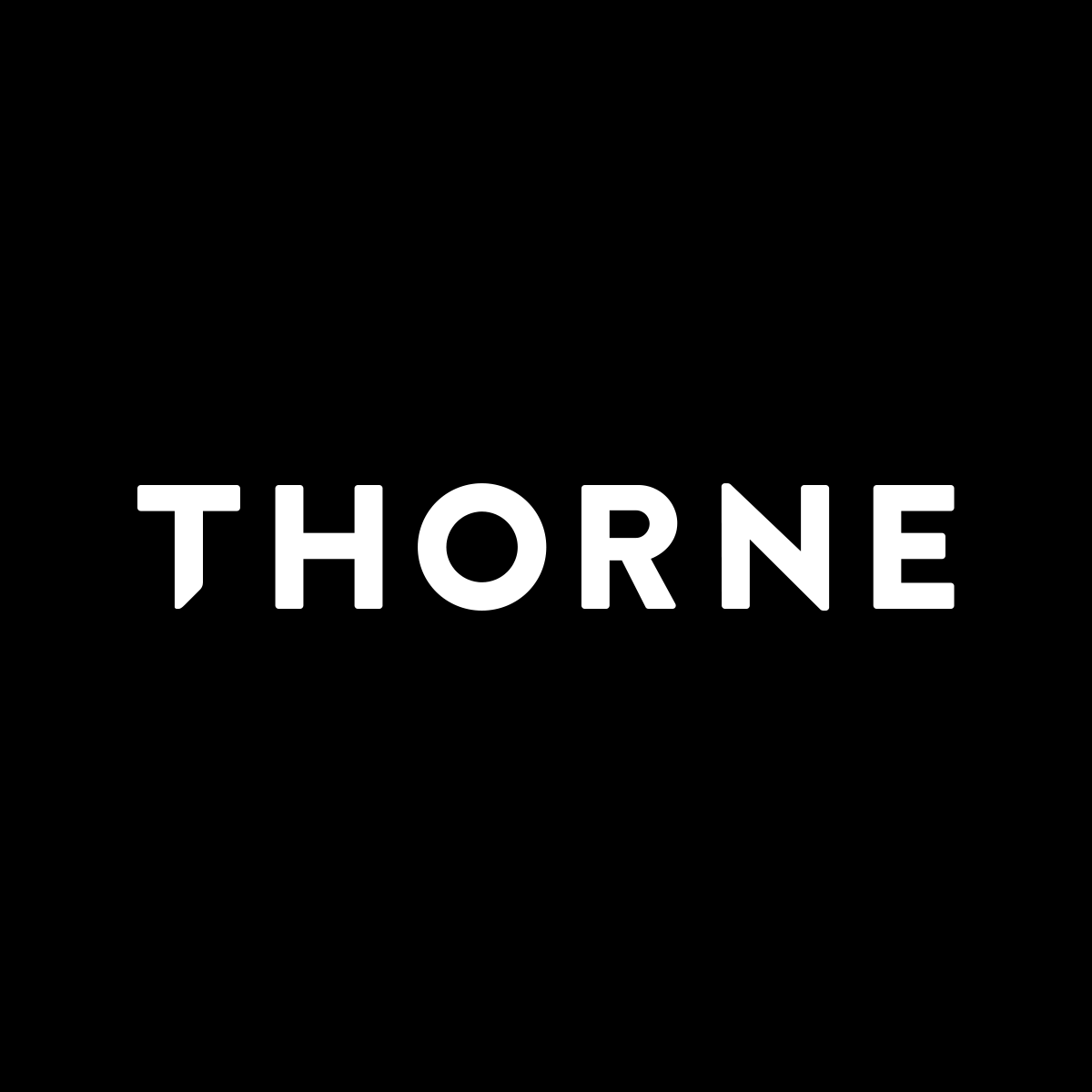 Black background with white text that says 'THORNE' in the center.