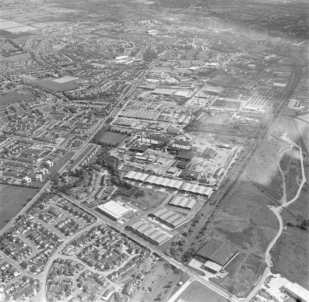 Taken in 1977. This aerial view shows exactly where International Alloys factory was located. The view looks towards town from the Rabans Lane area. Haydon Hill housing estate can be seen bottom left with Bicester Road going diagonally towards the to