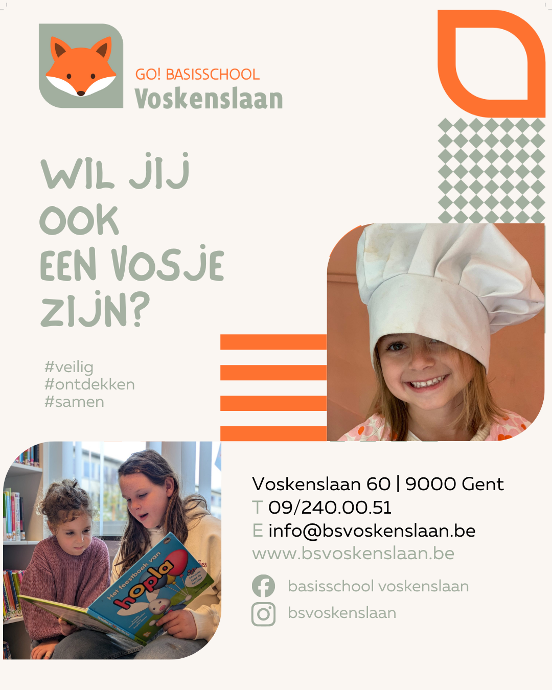 Een flyer voor GO! Basischool Voskenslaan met foto's van twee jonge meisjes, één in een chef-kokspak en één die samen leest in de bibliotheek.