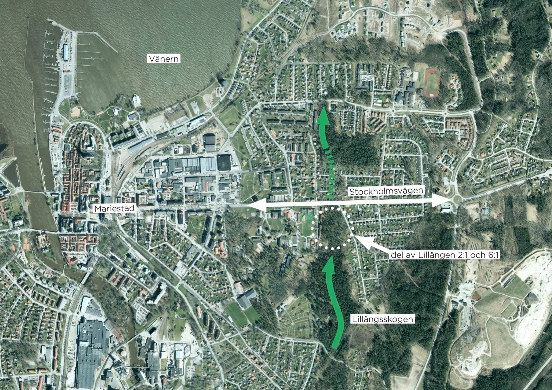 Aerial map of a city showing major roads, neighborhoods, and green areas with annotations indicating directions along Stockholmsvägen and Lillängssskogen.