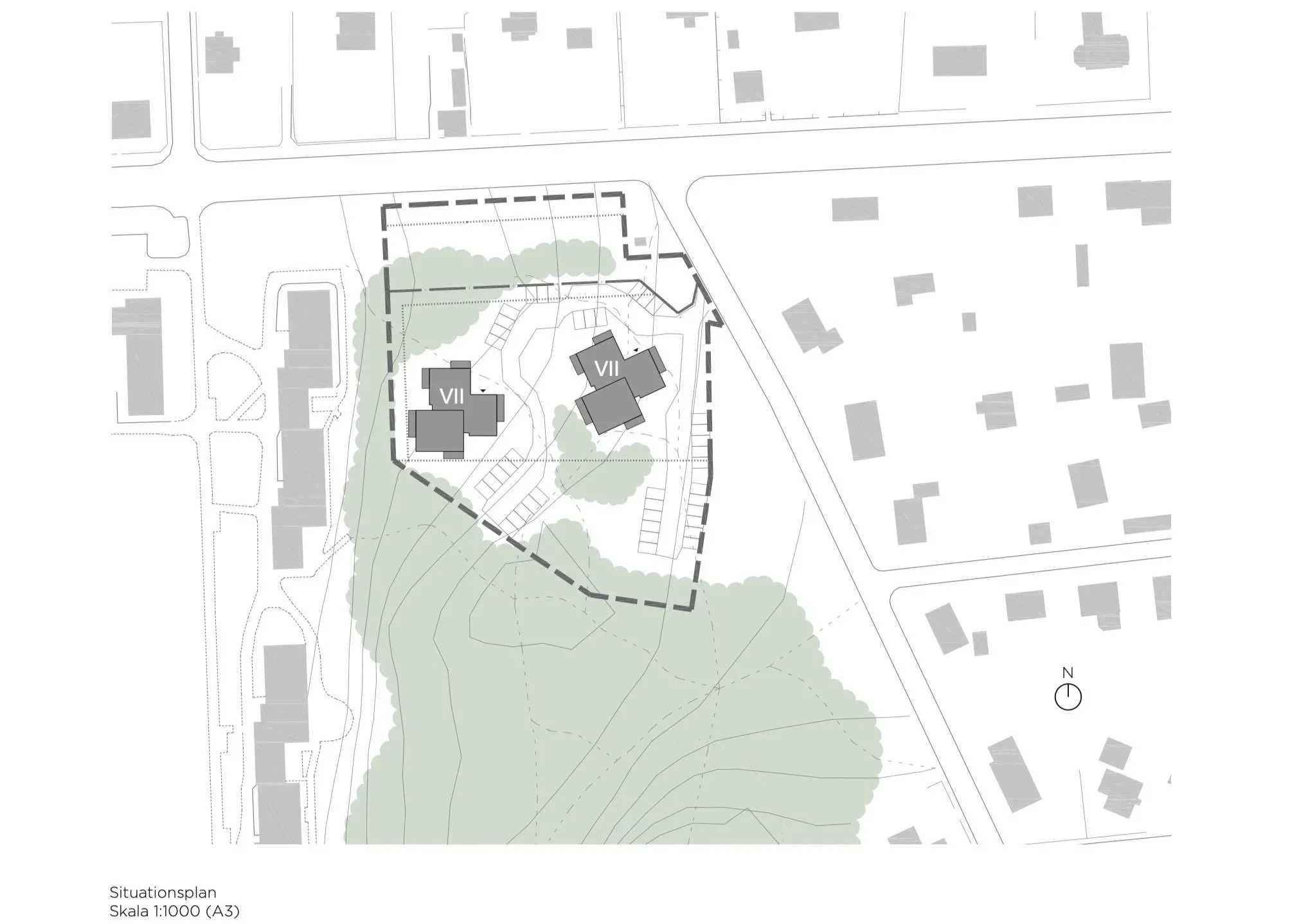 Site plan of two buildings labeled VII, situated on a hillside with surrounding trees. The plan shows property boundaries, nearby streets, and neighboring structures, with topographical contour lines and a north arrow for orientation.