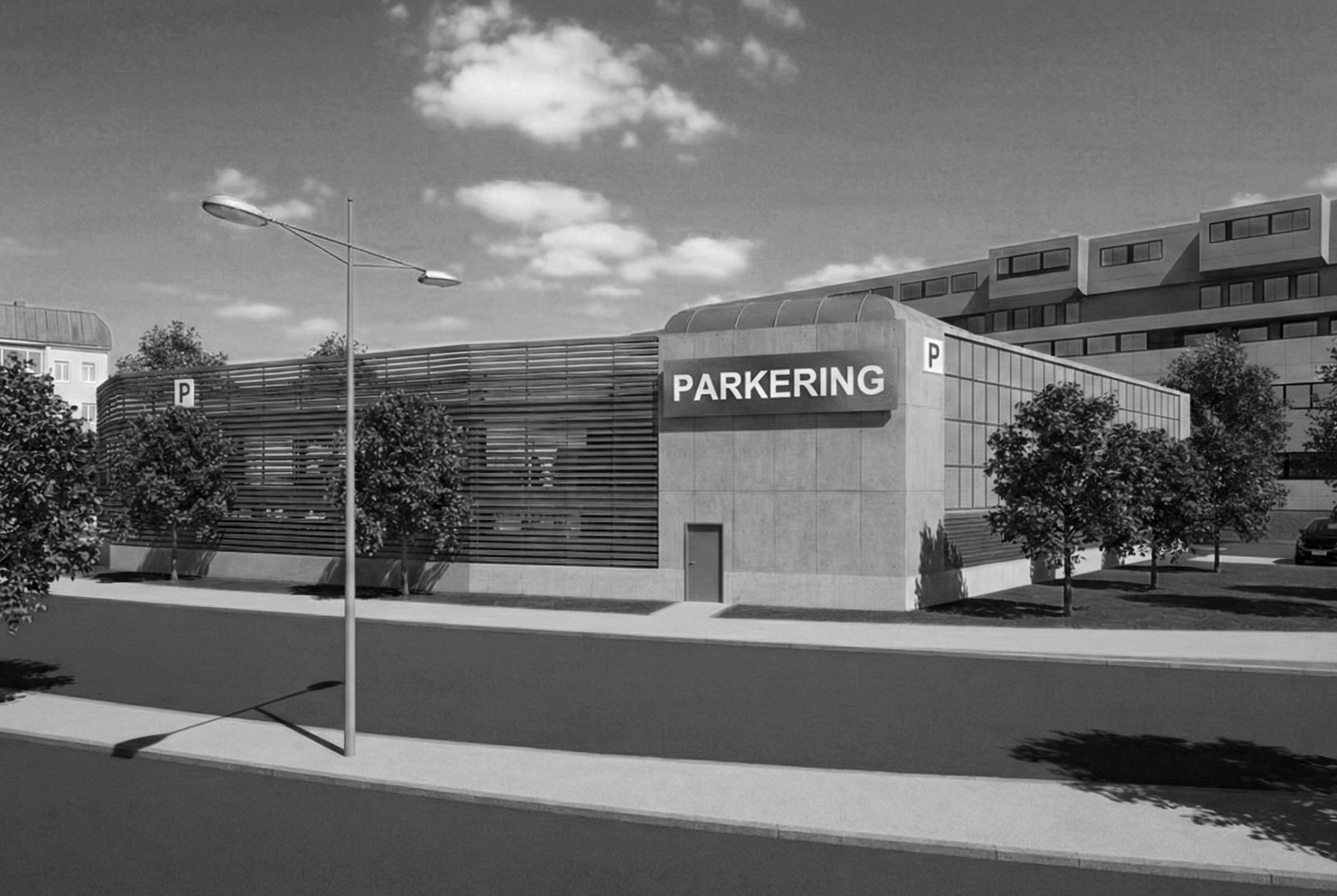 A modern parking garage with a sign that says 'PARKERING' on the front, trees lining the sidewalk, and a multi-story building in the background under a partly cloudy sky.