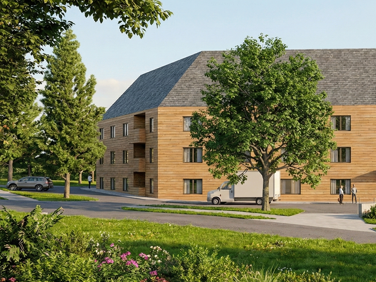 A modern residential building with wooden exterior, surrounded by greenery, trees, and a parking lot with cars, during daytime.