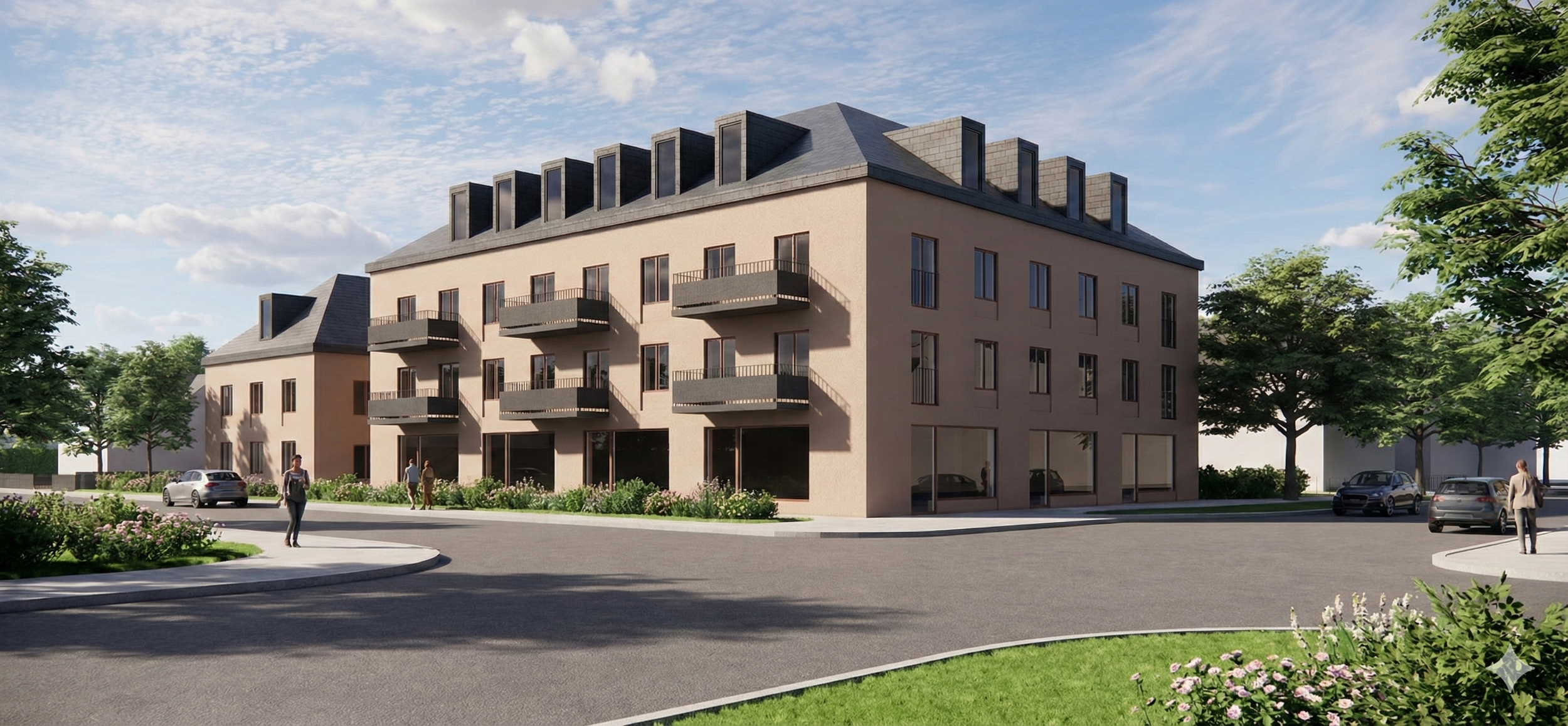 A modern four-story apartment building with balconies, surrounded by trees and greenery, with cars parked and people walking on the sidewalk on a clear day.