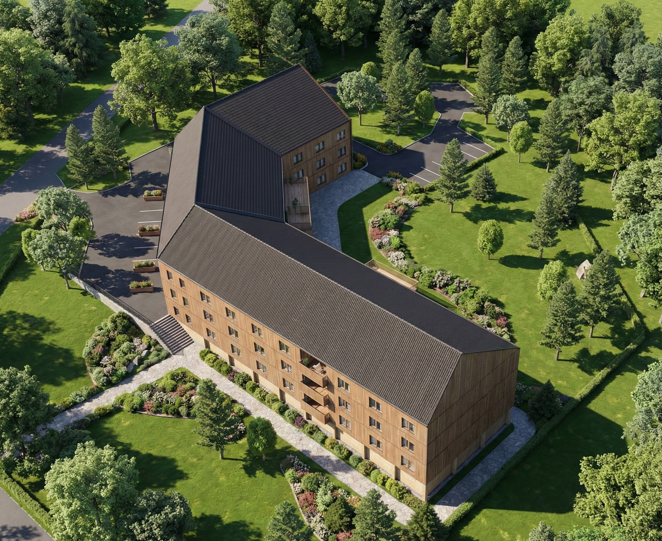An aerial view of a large wooden apartment complex surrounded by trees, green lawns, and pathways. The building has multiple floors with balconies and is situated in a landscaped area with parking spaces nearby.