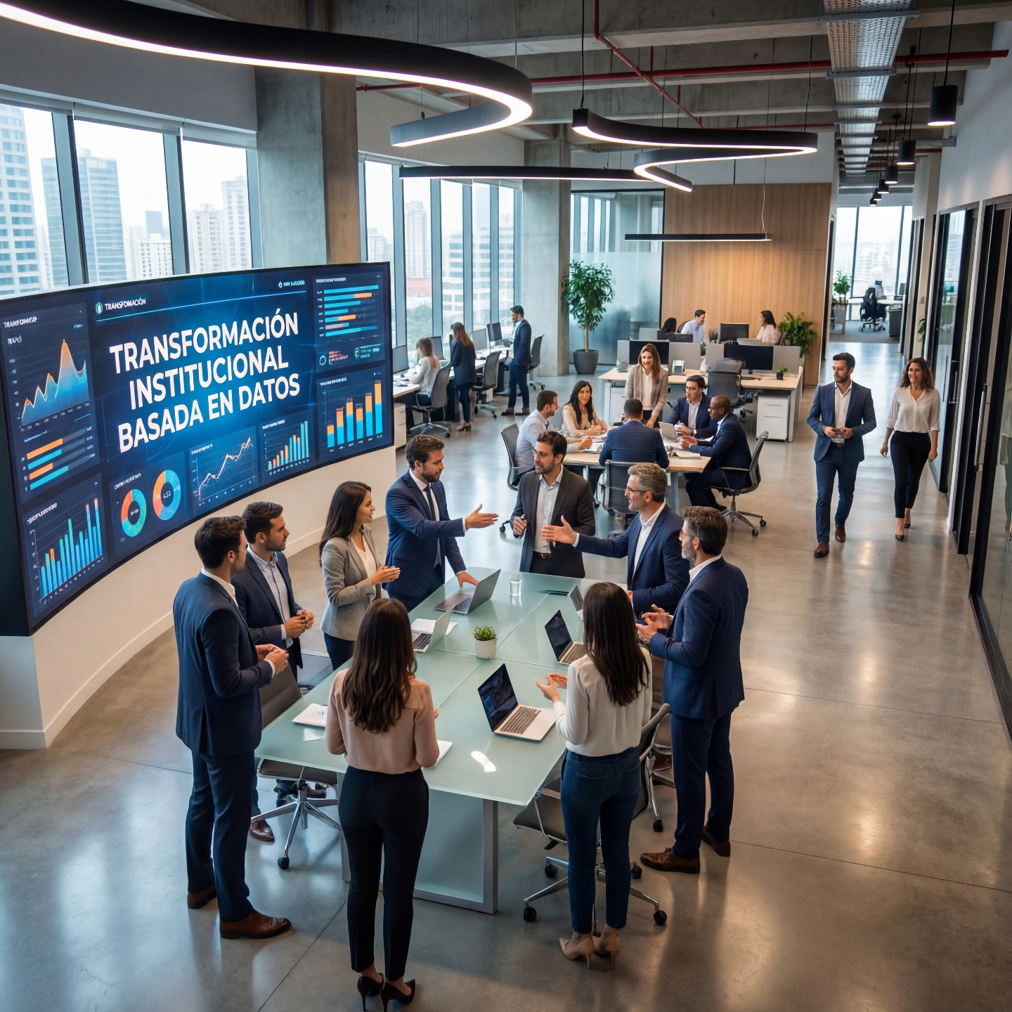 Reunión de profesionales en una oficina moderna discutiendo frente a una pantalla grande que dice 'Transformación Institucional Basada en Datos' y muestra gráficos y datos.