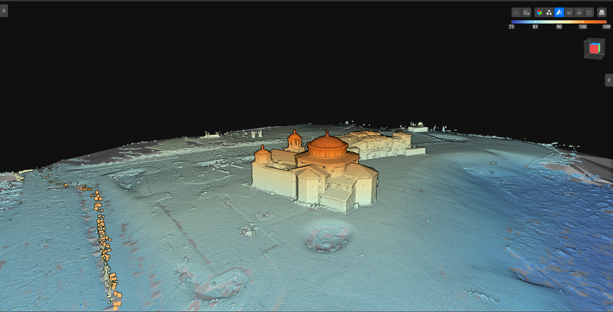 3D laser scan of a historic building or castle on a hill, surrounded by terrain, with a dark background and color spectrum scale at the top.