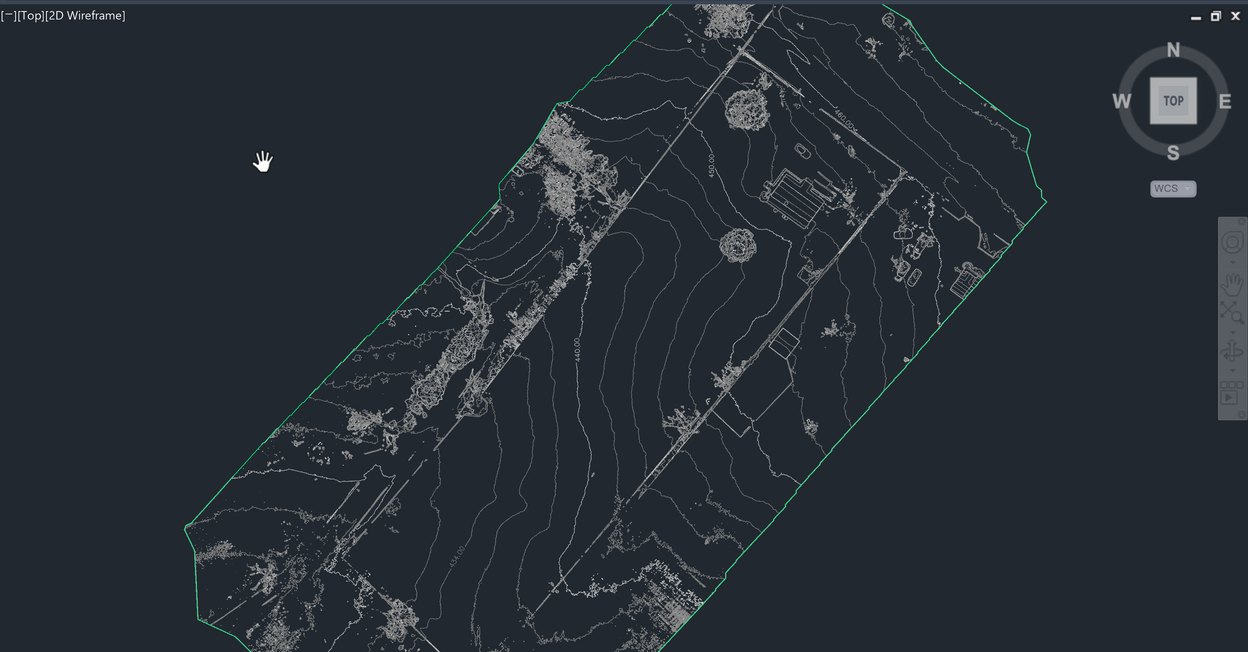 A screenshot of a CAD software displaying a topographical map with contour lines, property boundaries, and some structures, viewed in wireframe mode on a dark background.