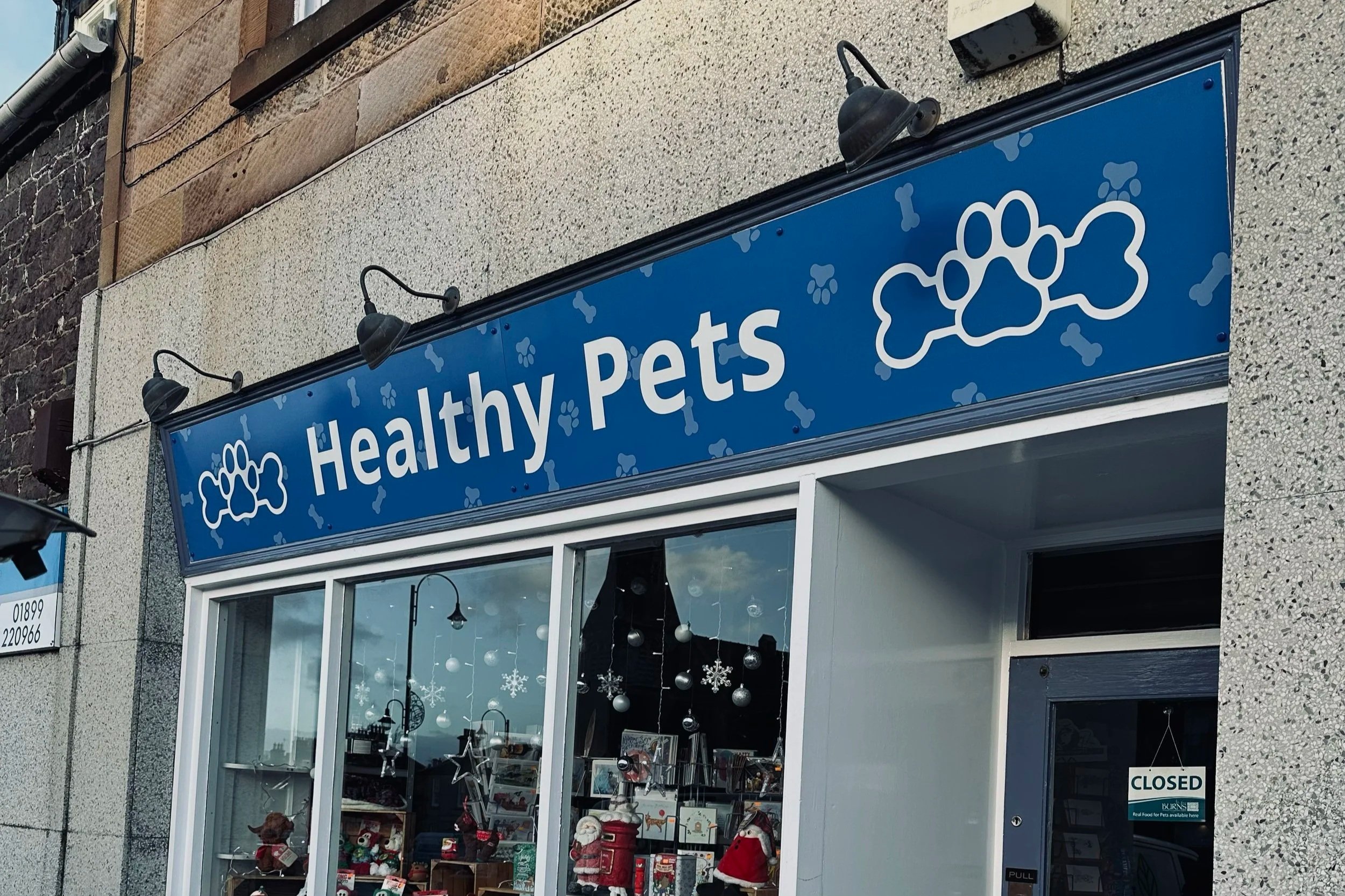 Storefront sign reading 'Healthy Pets' with dog paw print and bone graphics, shop window with holiday decorations and pet items, and a 'Closed' sign on the door.