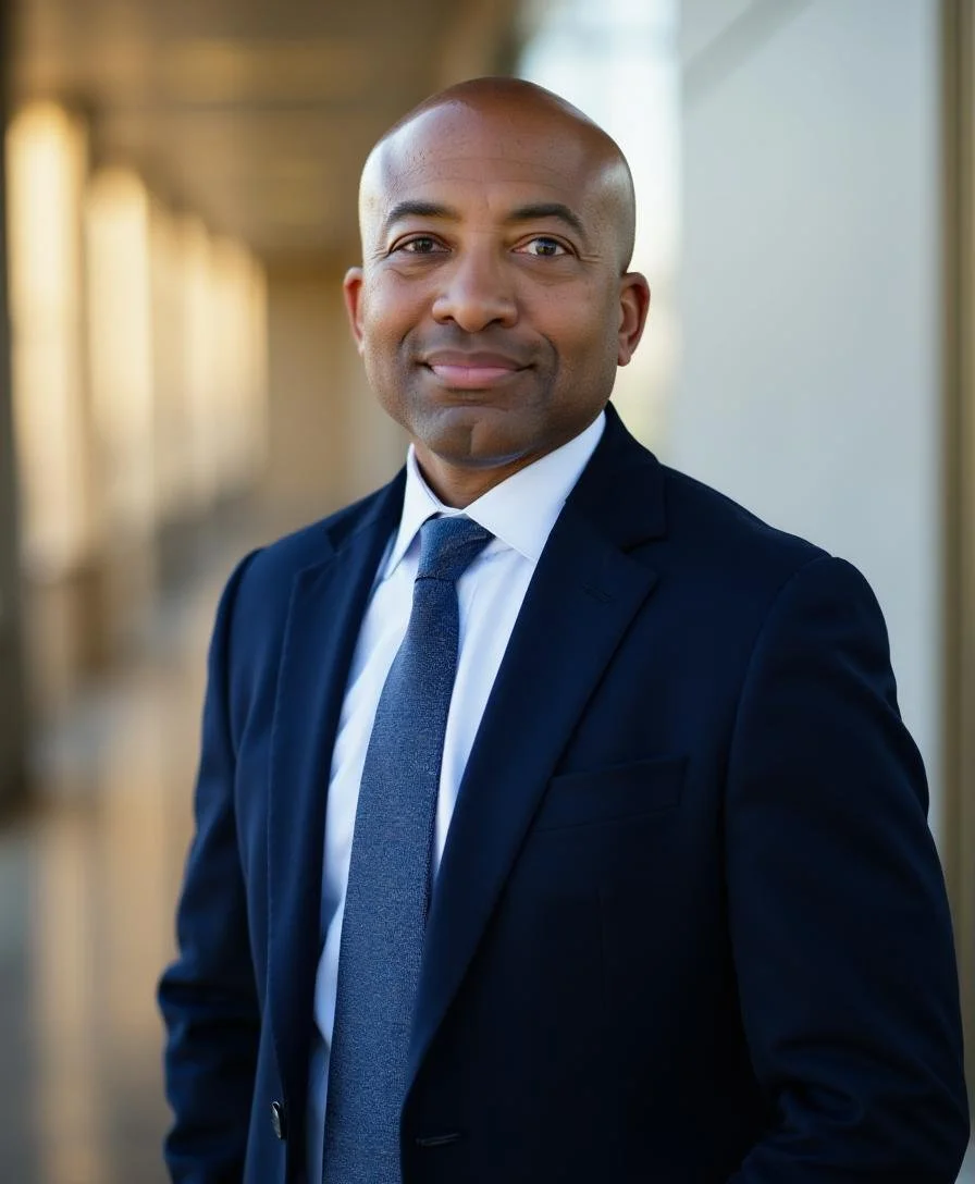 Picture of Eric Rogers, one of 5011 & Co. founders in a dark suit with a blue tie standing outdoors in front of a building, smiling at the camera.