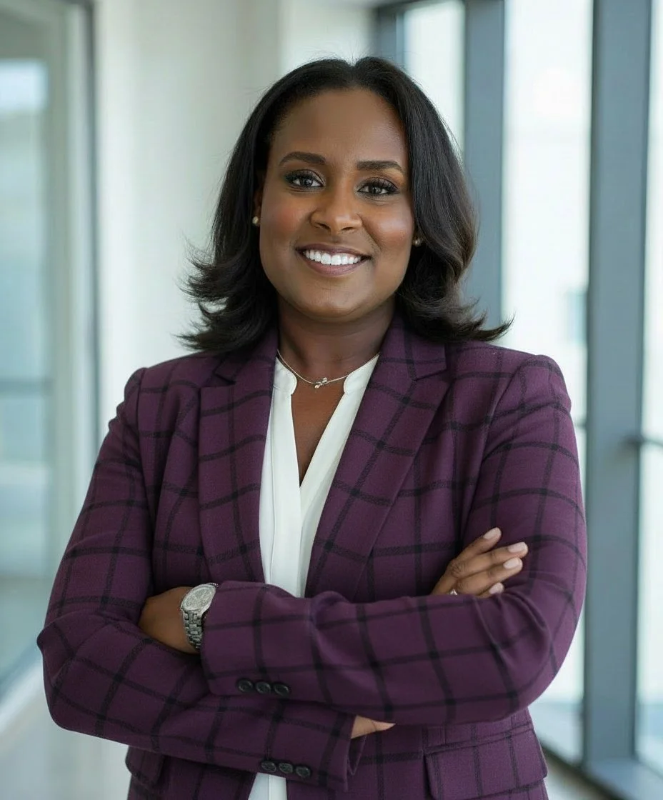 Portrait of a confident woman with crossed arms, dark hair, wearing a purple checkered blazer and white blouse, standing in a modern office with glass walls.