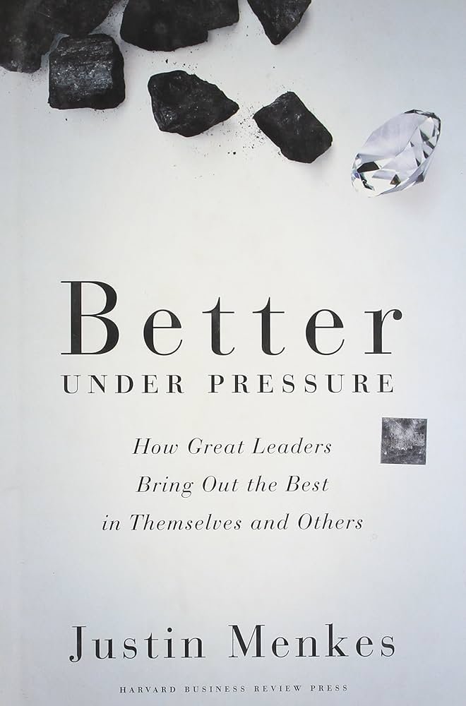 Book cover titled 'Better Under Pressure' by Justin Menkes, featuring black rocks, a diamond, and a small metallic square design.