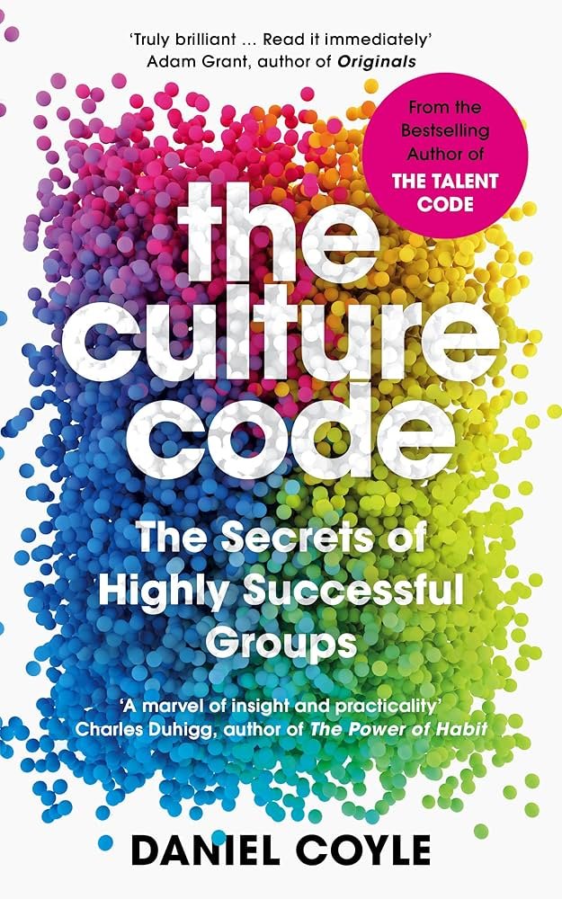Cover of 'The Culture Code' by Daniel Coyle featuring a multicolored abstract design with dots in pink, purple, orange, yellow, green, blue, and black text.