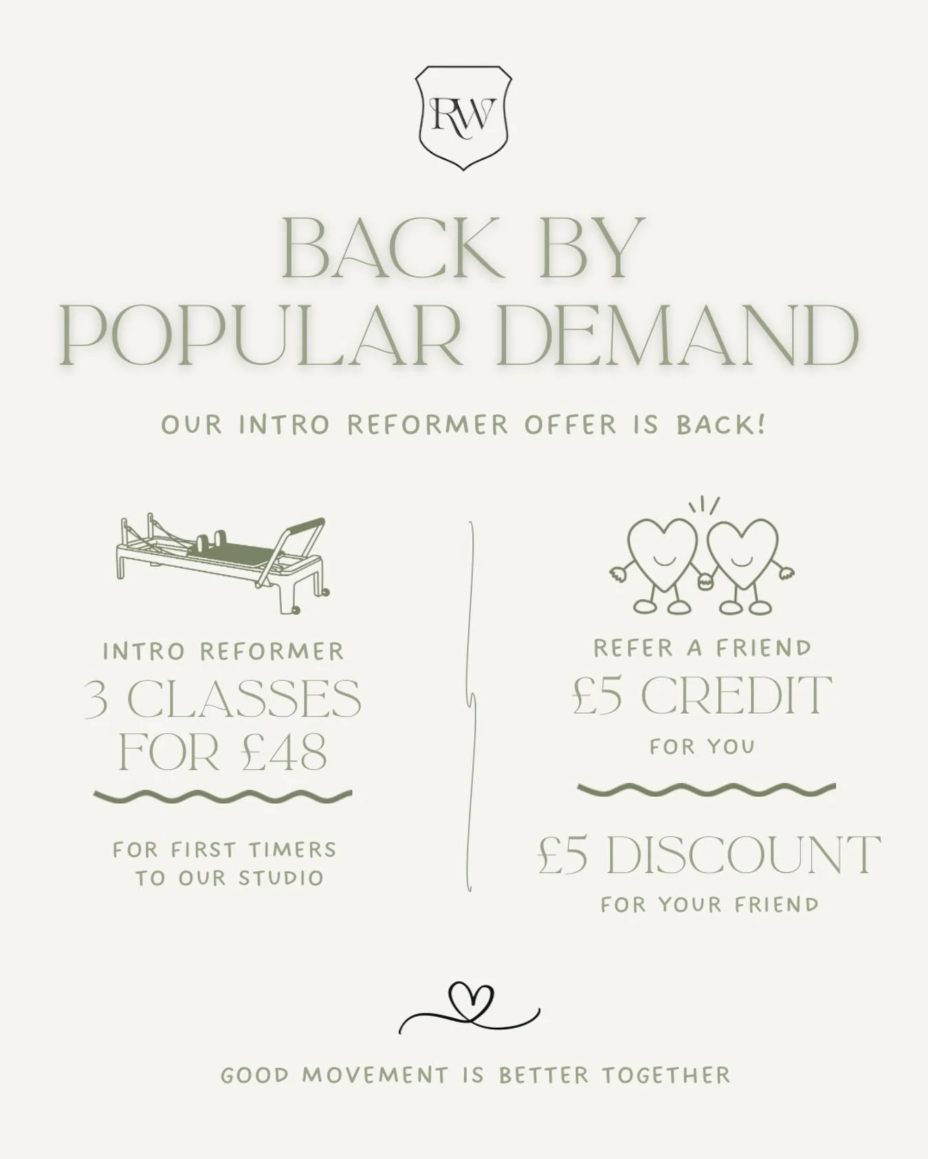 🤍 BACK BY POPULAR DEMAND 🤍

Our Intro Reformer Offer is officially back!

If you&rsquo;ve been thinking about trying Reformer Pilates, this is the perfect place to start:
✨ 3 classes for &pound;48
✨ Exclusive to first-time clients
✨ A chance to bui