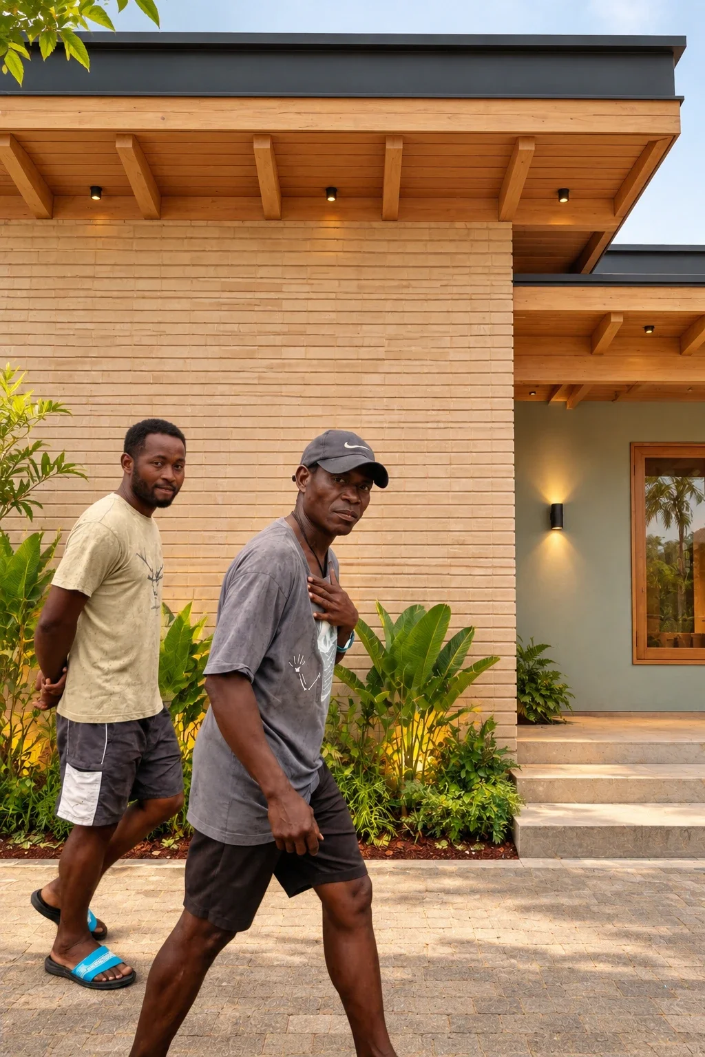 Modern Tropical Home with Two Men Walking.webp