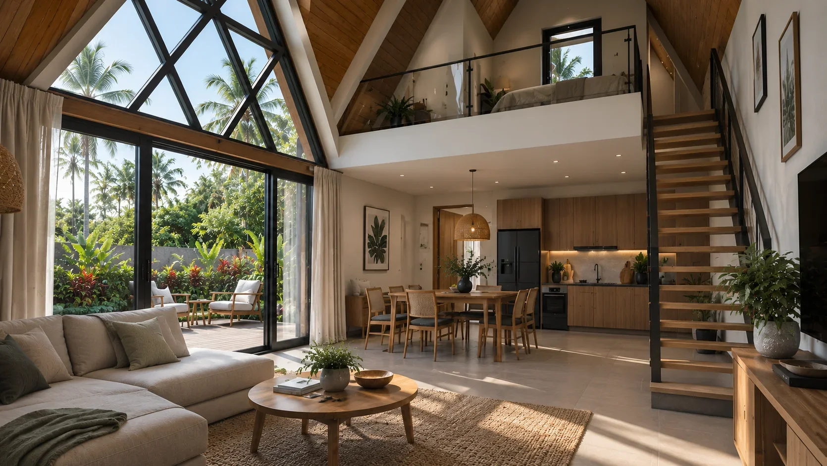 Sala de estar com sofá bege, mesa de centro de madeira, vista de varanda com cadeiras e plantas, cozinha de madeira clara com ilha, mesa de jantar com cadeiras, escada de madeira e ferro, área de convivência moderna com decoração natural e grande janela com vista para jardim tropical.