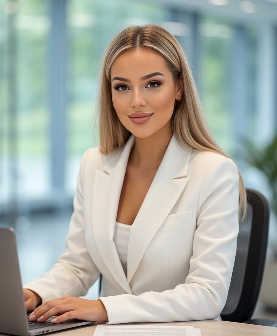 A young woman with blonde hair, dressed in a white blazer, sitting at a desk with a laptop and some papers, in a modern office with large windows and natural light.