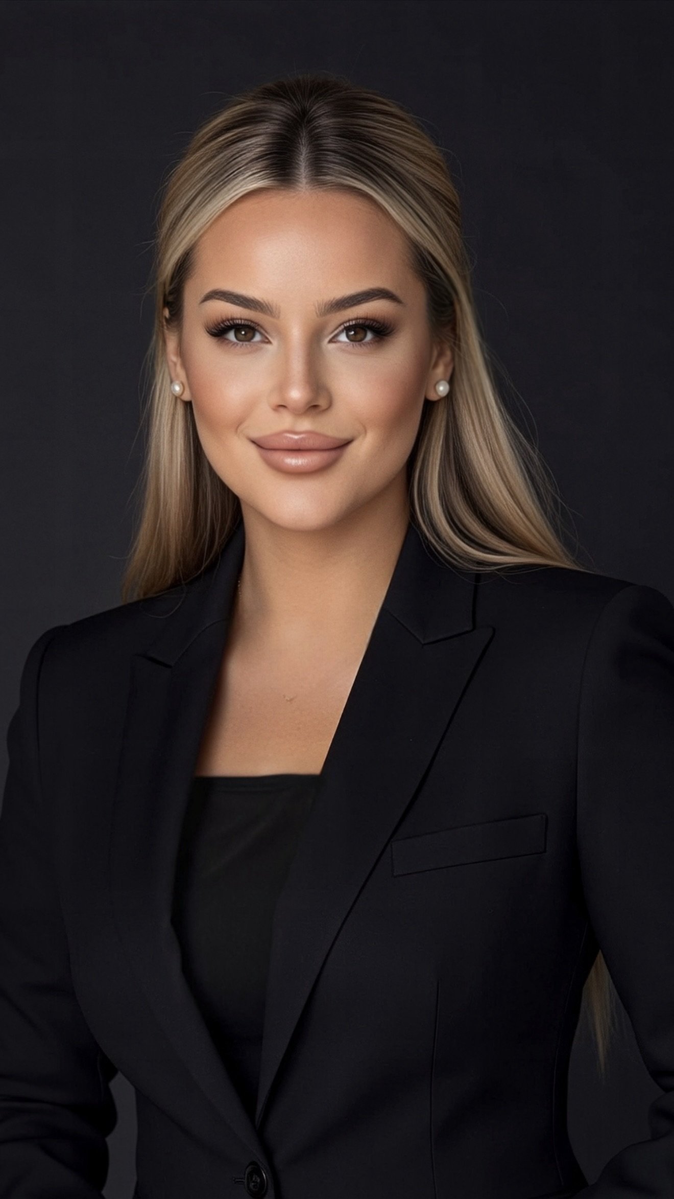 A professional woman with long blonde hair, wearing pearl earrings, a black blazer, and a black top, posing against a dark background.