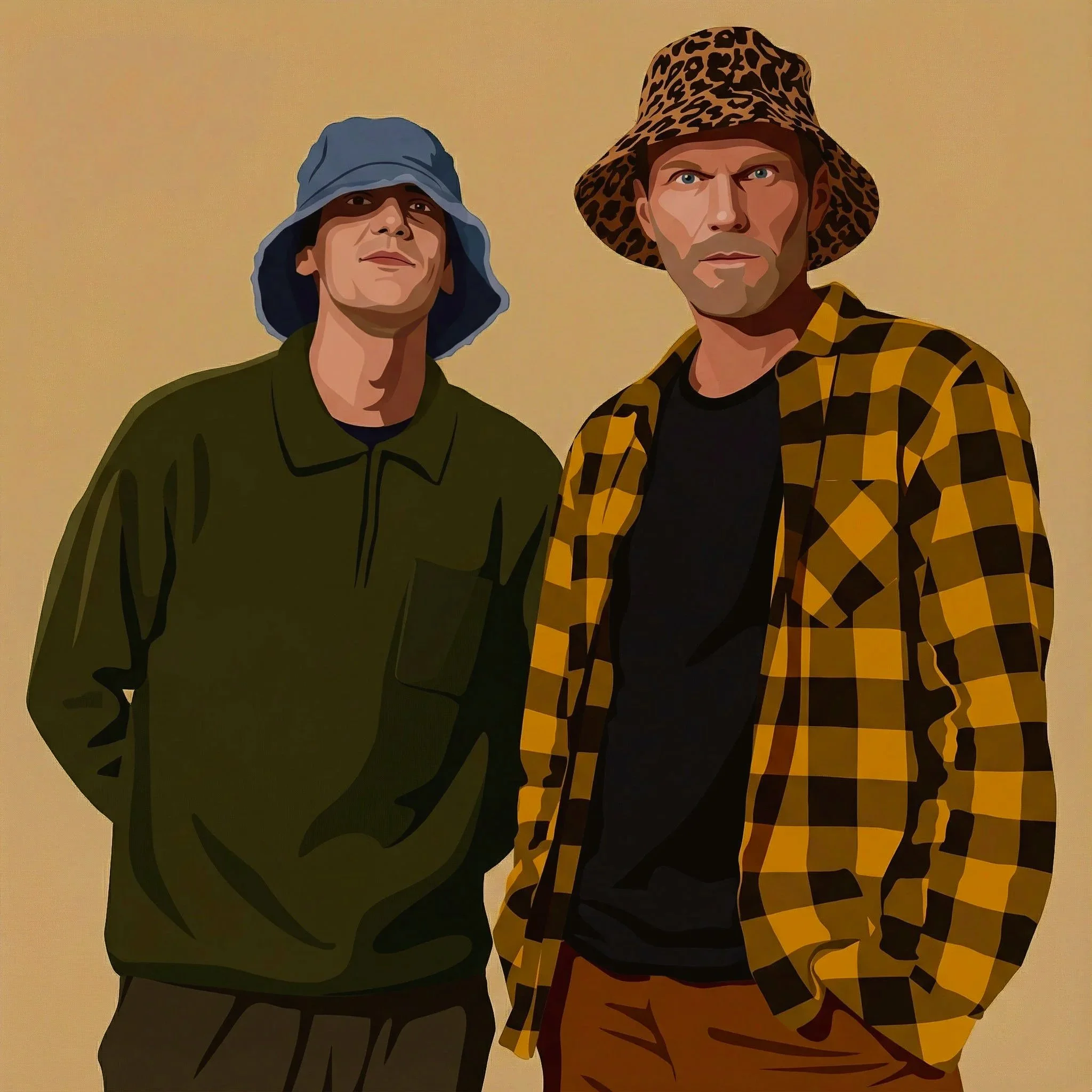 Two men wearing hats, one with a blue bucket hat and green jacket, the other with a leopard-print bucket hat and yellow plaid shirt, standing against a plain background.