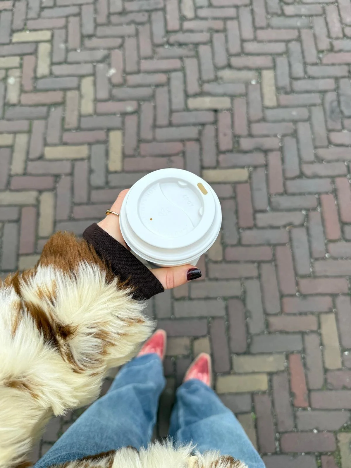 Person holding a coffee cup with a brown and white dog on their left, standing on a brick-paved sidewalk, wearing blue jeans and pink shoes.