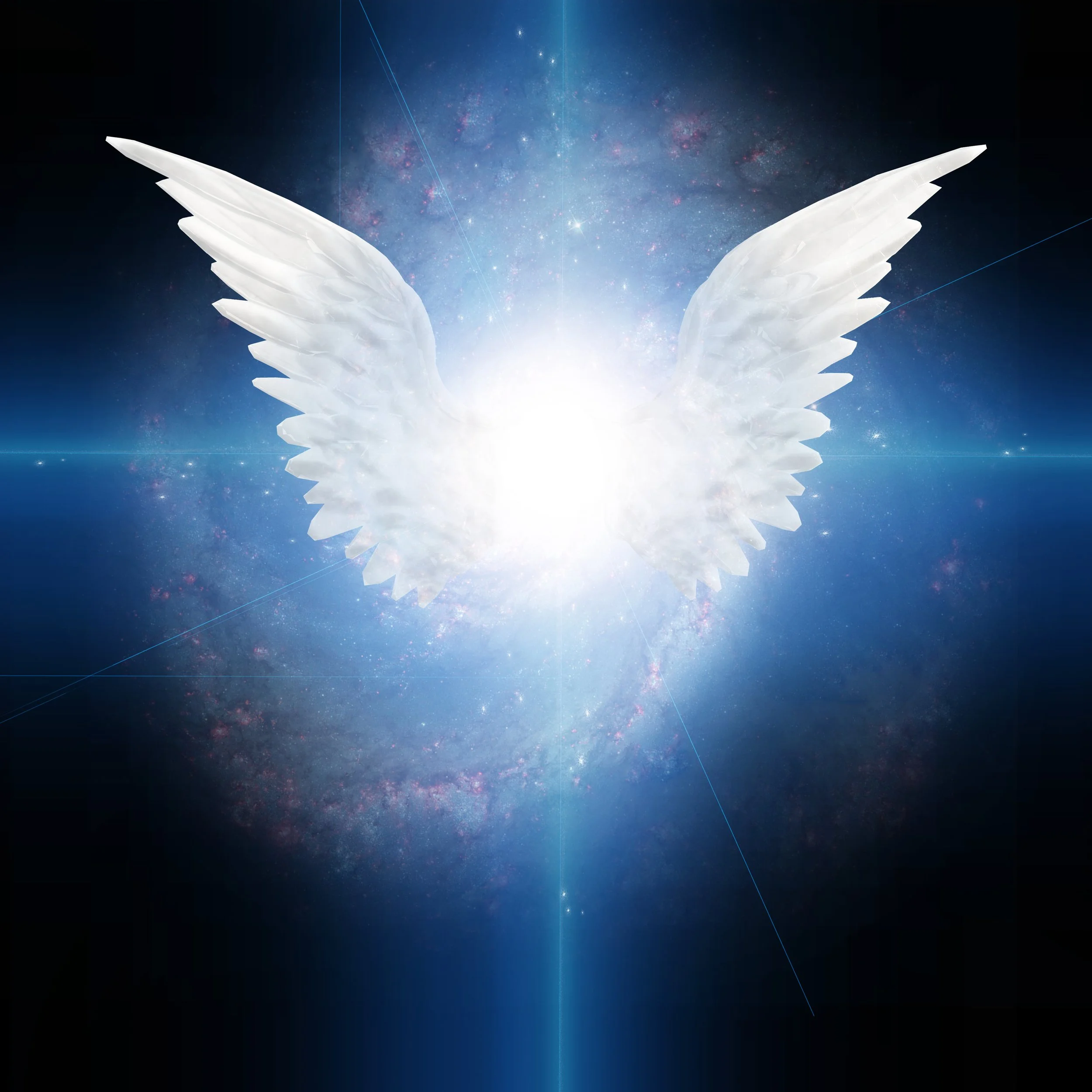 Digital illustration of white angel wings with glowing light at the center, set against a cosmic background with stars and nebulae.